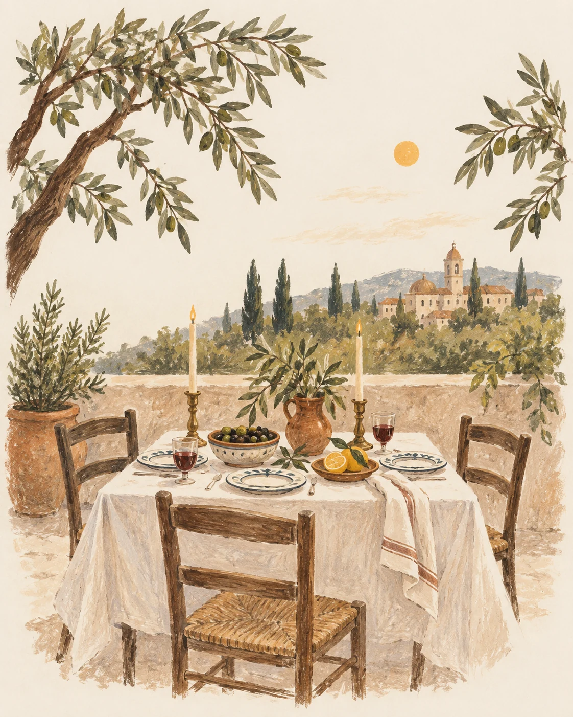 A painted imagining of a table set for supper outdoors, with citrus, ceramics, candles, and leafy branches.